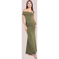 Goddiva Women's Off The Shoulder Pleated Waist Maxi Dress in Khaki | Size: 16