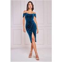 Goddiva Women's Draped Shoulder Velvet Corset Midi in Teal | Size: 16