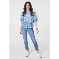 Izabel London Women's Paisley Print Puff 1/2 Sleeve Shirt in Blue | Size: 18