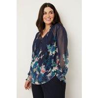 Curve Navy Floral Border Print Blouse