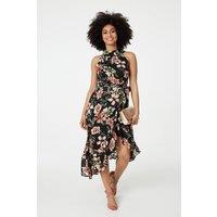 Izabel London Women's Floral Asymmetric Halter Neck Midi Dress in Black | Size: 18