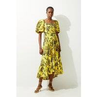 Batik Floral Cotton Top Stitch High Low Midi Dress