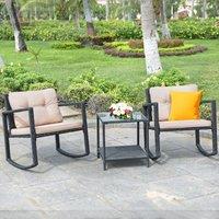 Costway 3 Pieces Outdoor Rocking Bistro Set PE Rattan Rocking Chair Set with Cushions in Brown