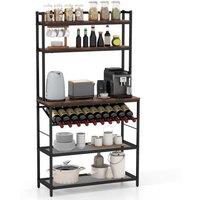 Costway 6-Tier Kitchen Baker Rack Industrial Storage Shelf Microwave Stand w/ Slanted Wine Bottle Holder in Brown