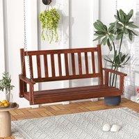 Costway 2-Person Porch Hanging Swing Chair Wooden Garden Swing Bench w/ Slatted Back in Brown