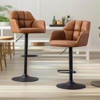FURNOS 2PC Height Adjustable 360 PU Leather Swivel Barstools Set With Armrest in Brown