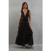 Tulle Spot Sleeveless Plunge Neck Gathered Waist Tier Maxi Dress