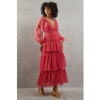 Tulle Plunge Neck Long Sleeve Tier Maxi Dress