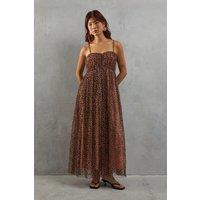 Warehouse Women's Tulle Animal Print Strappy Bandeau Maxi Dress in Neutral | Size: 8