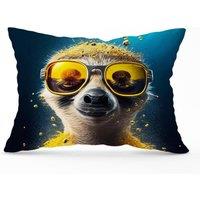 Warren Reed - Designer Meerkat With Golden Glasses Splashart Cushions in Yellow | Size: 33 cm x 48 cm