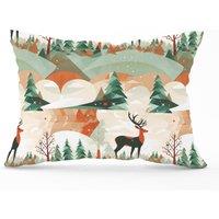 Warren Reed - Designer Reindeer On A Snowy Landscape Pattern Cushions in Green | Size: 33 cm x 48 cm