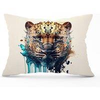 Warren Reed - Designer Leapoard Face Splashart On Light Background Cushions in Yellow | Size: 33 cm x 48 cm