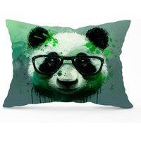 Warren Reed - Designer Panda With Glasses, Green Splashart Cushions | Size: 33 cm x 48 cm