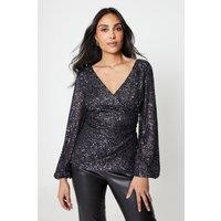 Petite Sequin Long Sleeve Wrap Top