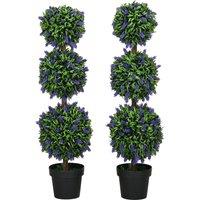 HOMCOM Set of 2 Potted Artificial Plants Ball Tree with Lavender Flowers, 110cm in Green
