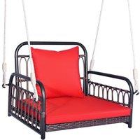 Costway Hanging Porch Swing Chair Rattan Woven Rocking Chair w/ Cushion & Rope in Red