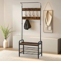 Pirlo Plush Industrial Hall Tree Coat Rack Stand With Shoe Storage Shelves in Brown