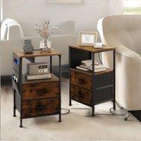 Pirlo Plush 2PC Bedroom Bedside Tables With Charging Station Rustic Brown Industrial