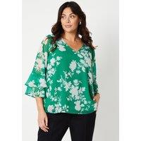 Curve Green Floral Flute Sleeve Top