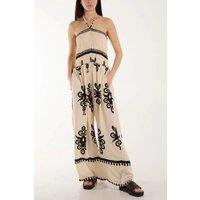 HOXTON GAL Women's Oversized Strapless Wide Leg Printed Jumpsuit with Shirred Detail in Beige