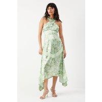 Warehouse Women's Snake Print Satin Cross Front Chiffon Insert Hanky Hem Midi Dress in Lime | Size: 14