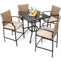 Costway 5 Pieces Outdoor Bar Stool Set Patio Rattan Bistro Set W/ 4 Chairs &1 Bar Table