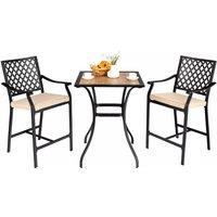 Costway 3 Pieces Patio Bar Set Bar Height Outdoor Bistro Set W/ 2 Upholstered Bar Stools in Brown