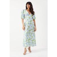 Satin Button Through Volume Sleeve Midi Tea Dress