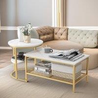 Pirlo Plush Faux Marble 2PC Nesting Tables Set Living Room Furniture in Gold