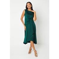 Sash Front Drape Skirt Satin Midi Dress