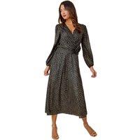Roman Women's Metallic Star Print Corsage Midi Wrap Dress in Black | Size: 10