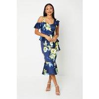 Coast Women's Printed Satin Ruffle Pencil Dress With Flute Hem in Navy | Size: 10