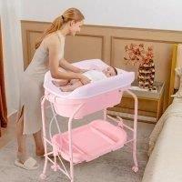 Costway Baby Changing Table Folding Infant Diaper Changing Nursery Station With Bathtub in Pink