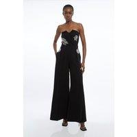 Crystal Embellished Bandeau Wrap Tailored Wide Leg Contrast Jumpsuit