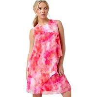 Roman Women's Petite Abstract Tiered Chiffon Shift Dress in Pink | Size: 16
