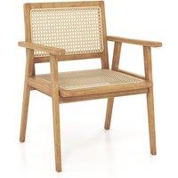 Costway Outdoor Wood Chair Teak Wood Armchair w/ Rattan Seat & Back Modern Dining Chair in Natural