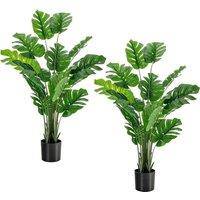 Costway 2 PCS 5FT Artificial Monstera Deliciosa Plant Faux Evergreen Tree W/ Cement Pot in Green