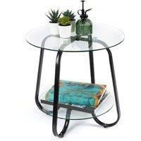 LIVIVO Round Glass Coffee Table Black 2 Tier Side Table in Clear