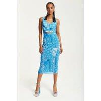 House of Holland Women's Denim Print Midi Dress With Cut Out in Blue | Size: 10
