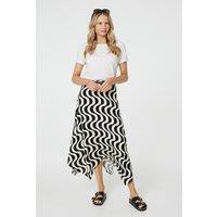 Izabel London Women's Wave Print Hanky Hem Belt Midi Skirt in Black | Size: 16