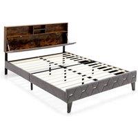 Costway King Size Bed Frame Upholstered Platform Bed Slat Support W/ Storage Headboard in Grey
