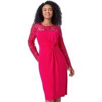 Roman Women's Petite Lace Detail Knot Front Bodycon Dress in Cerise | Size: 14