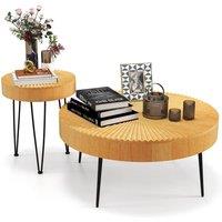 Costway 2PCS Round Nesting Tables Boho Farmhouse Accent Coffee Tables w/Adjustable Foot in Natural