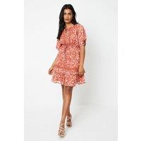 Oasis Womens Skater Dress Rust Paisley Print Chiffon Trim Short Sleeve