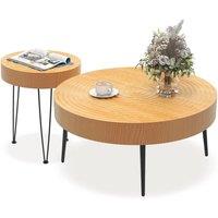 Costway Set of 2 Round Nesting Coffee Table Solid Wood Accent Stacking Boho Side Tables in Natural