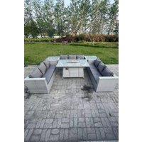 Fimous Light Grey U Shape Lounge Sofa Dining Set With Gas Heater Firepit Burner Side Coffee Tea Table