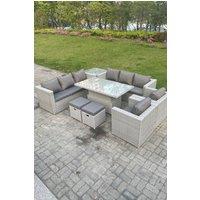 Fimous Rattan Garden Funiture Set Height Adjustable Rising Lifting Table Sofa Dining Set Lounge Chair in Light Grey
