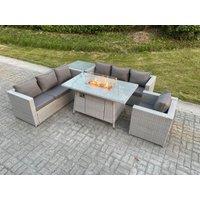 Fimous Light Grey Corner Rattan FirePit Garden Furniture Set Gas Heater Burner Lounge Sofa With Side Coffee Table