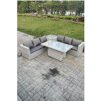 Fimous Rattan Garden Funiture Set Height Adjustable Rising Lifting Table Sofa Dining Set Coffee Tea Table in Light Grey