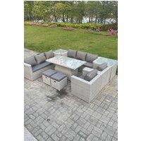 Fimous Rattan Garden Funiture Set Adjustable Rising Lifting Table Sofa Dining Set Lounge Chair Table Stool in Light Grey